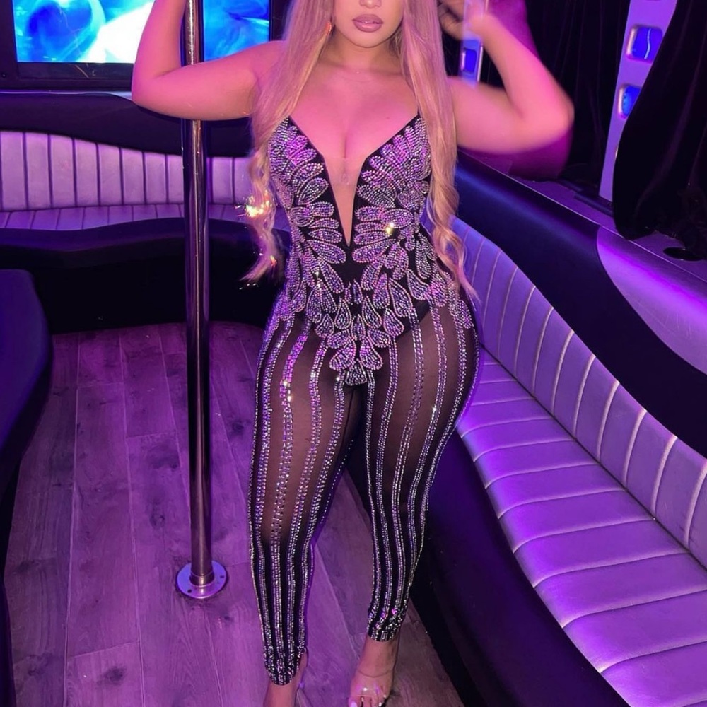 Rhinestone mesh jumpsuit